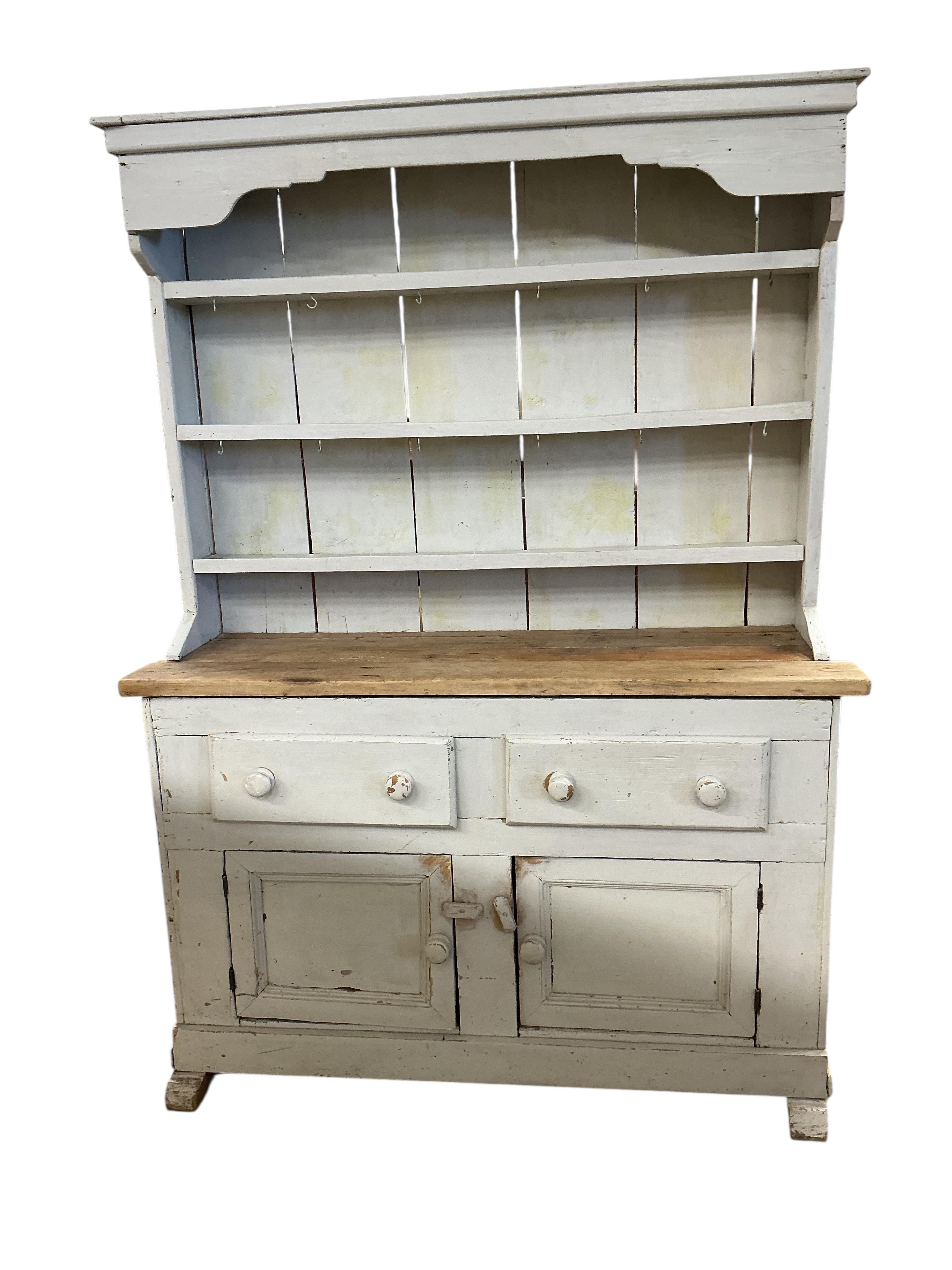 A Victorian style painted pine dresser, width 132cm, depth 43cm, height 182cm - to report